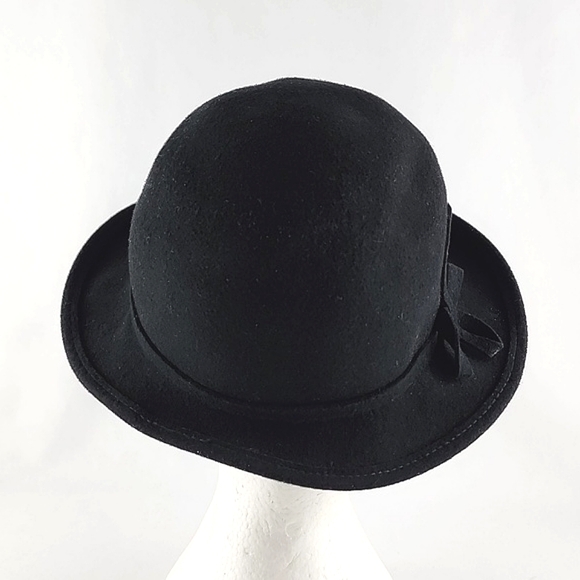 Sus Elle Women's Black Cloche Bowler Hat 100% Wool Side Bow - Picture 3 of 12